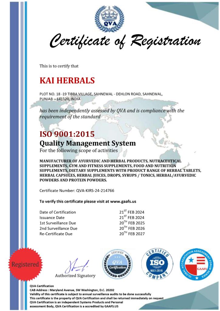 Kai Herbals ISO 9001:2015 quality system management certificate