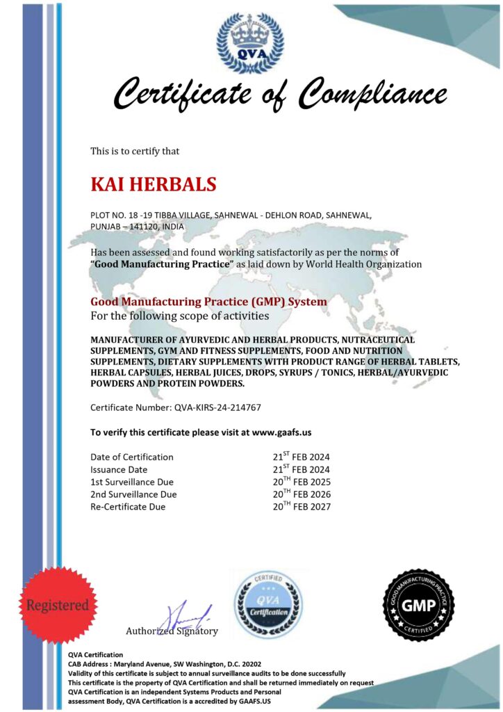 Kai Herbals GMP (good manufacturing practices ) certificate