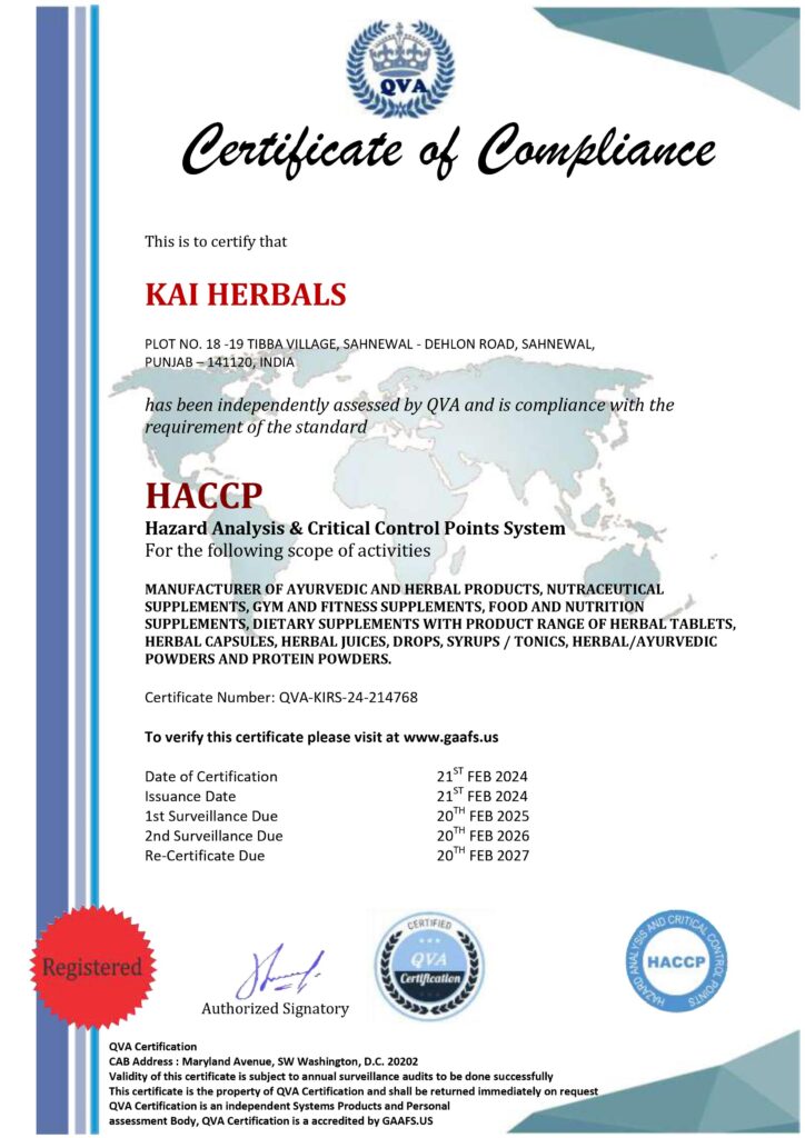 Kai Herbals HACCP certificate